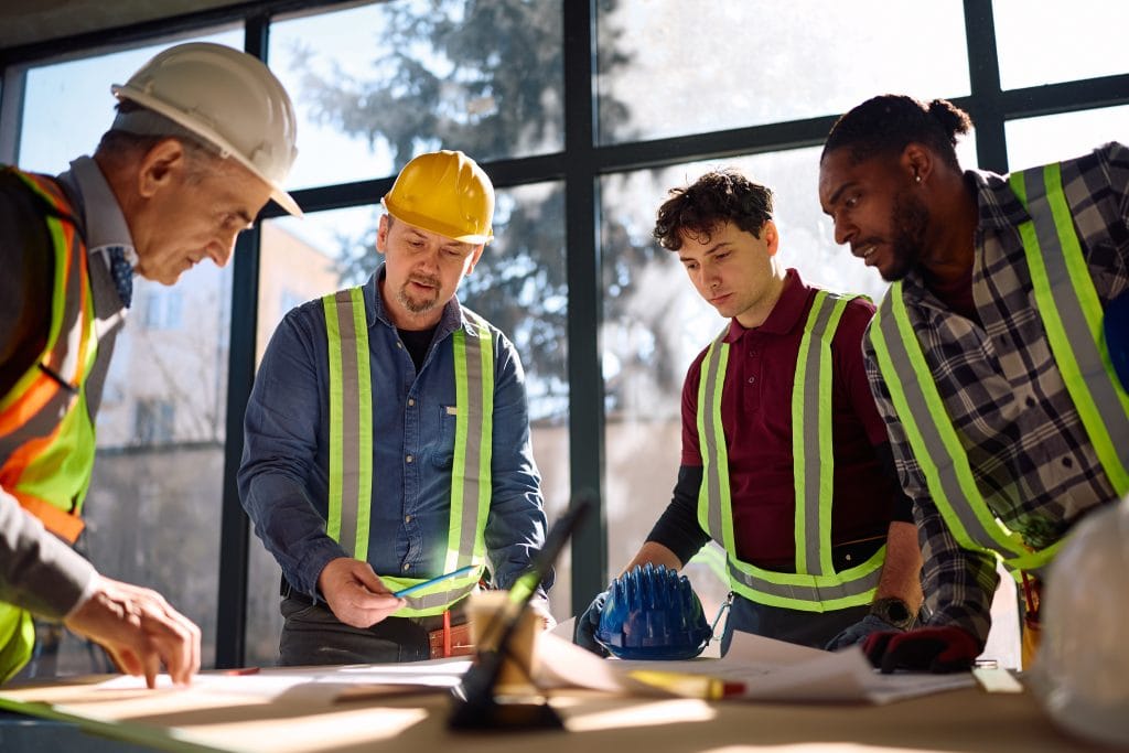 Multiracial team of workers and project manager analyzing blueprints at construction site.